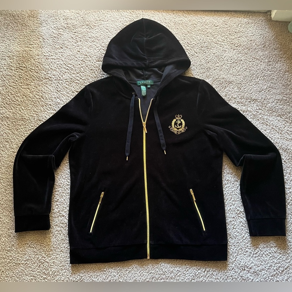 Lauren Ralph Lauren Crest Logo Black Velour Hoodie Jacket Gold Zipper LRL Sz L